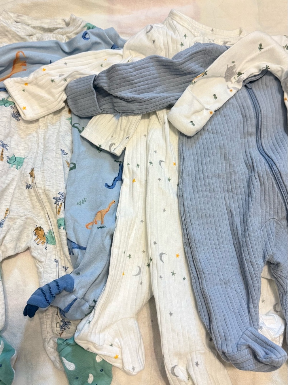 26 piece Carter's Ribbed & Printed Footed One-Pieces in Light Blue, White, Gray